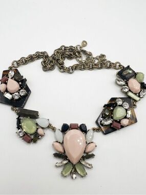 J Crew Tortoise Shell Resin Rhinestone Statement Bib Necklace Gold Tone Signed